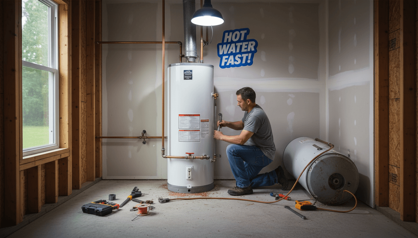 plumber installing a new water heater tank in a utility room