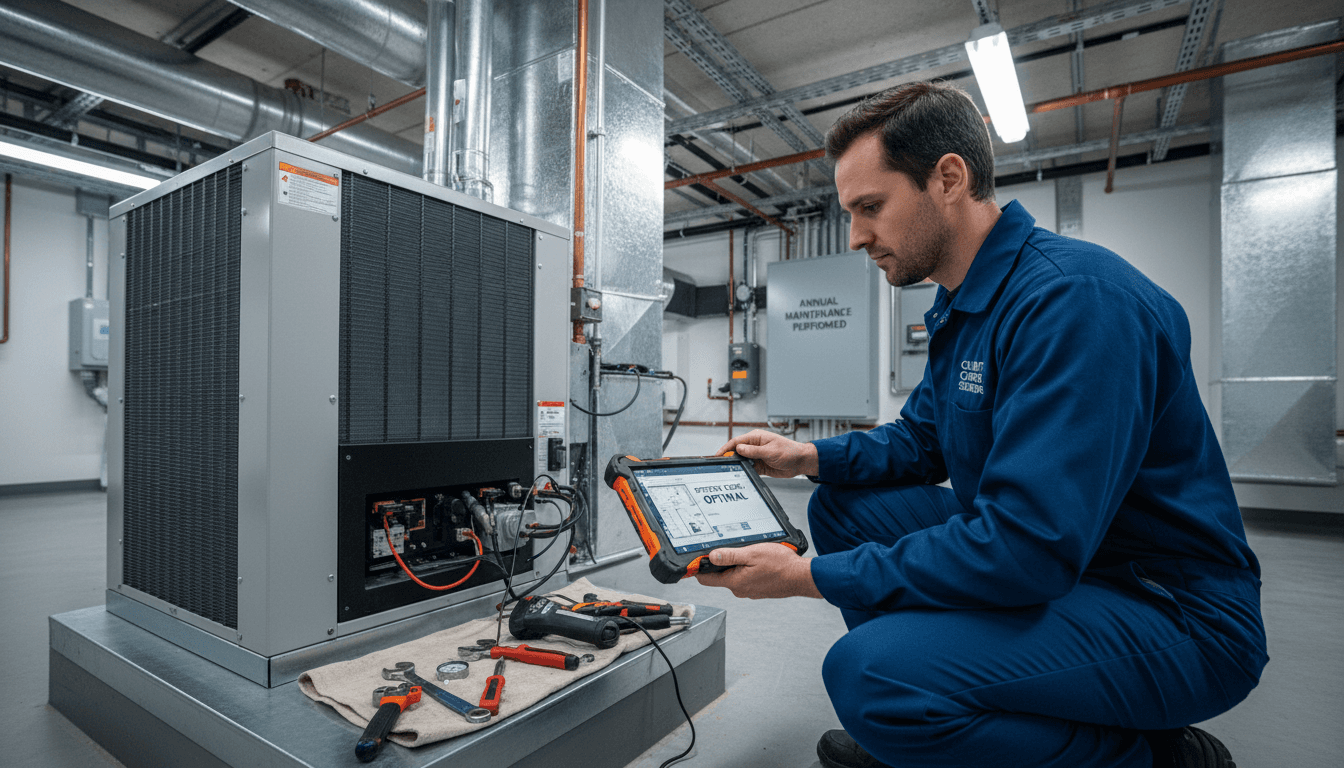 hvac technician performing maintenance with a digital tablet