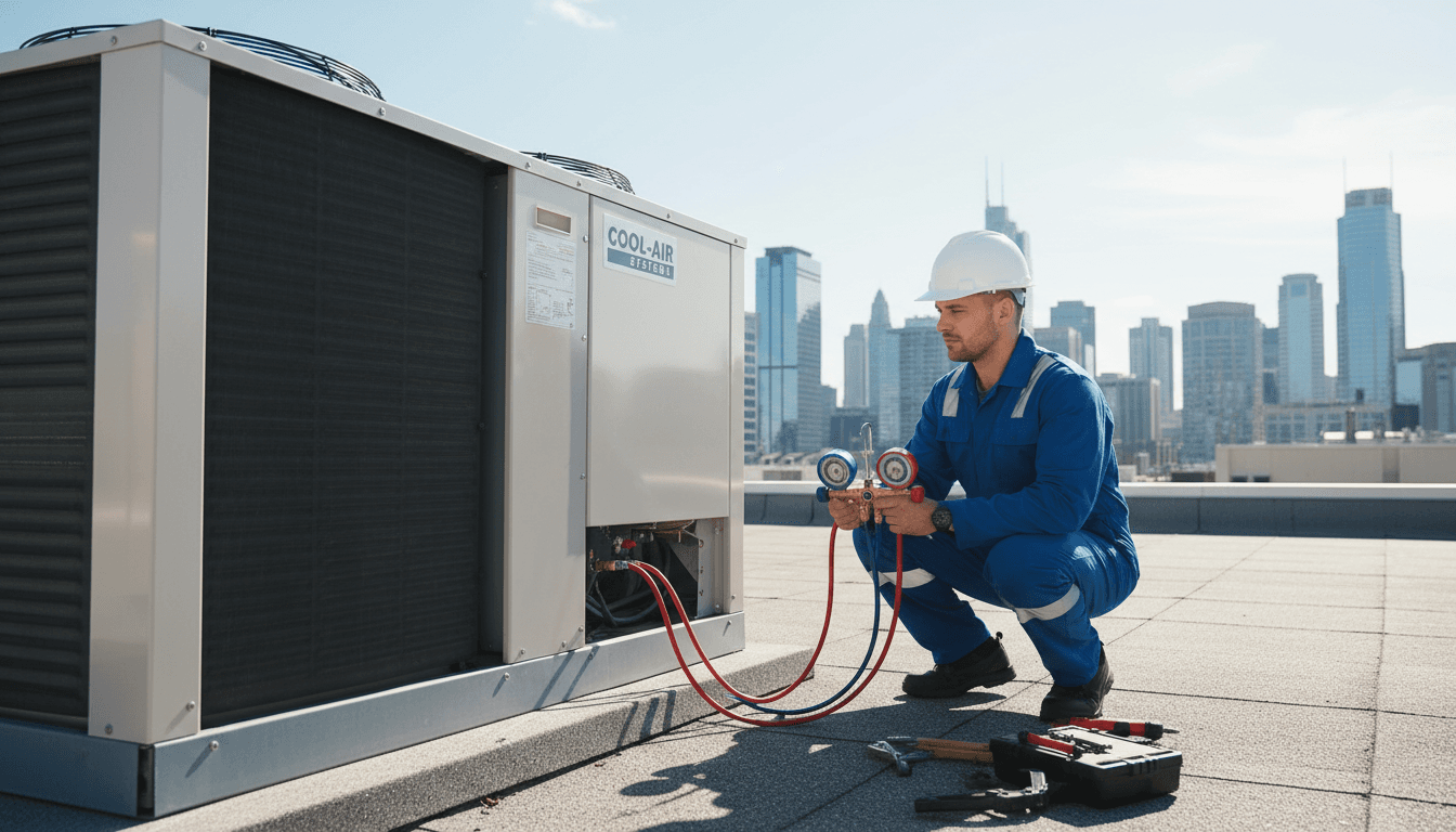 technician inspecting an air conditioning unit outside a home