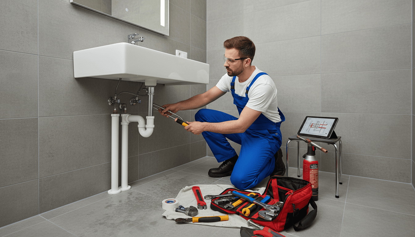 plumber repairing pipes under a modern bathroom sink