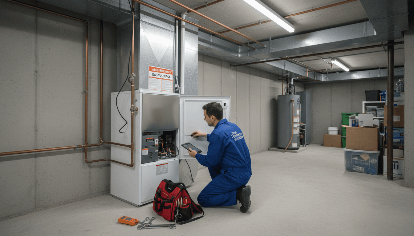 technician servicing a modern furnace in a residential basement