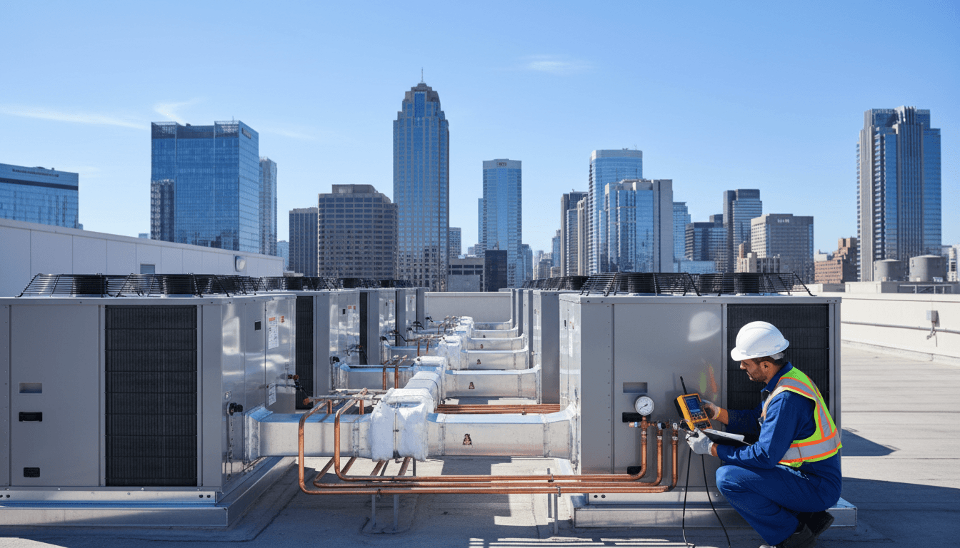 HVAC technician in work uniform inspecting a commercial rooftop unit