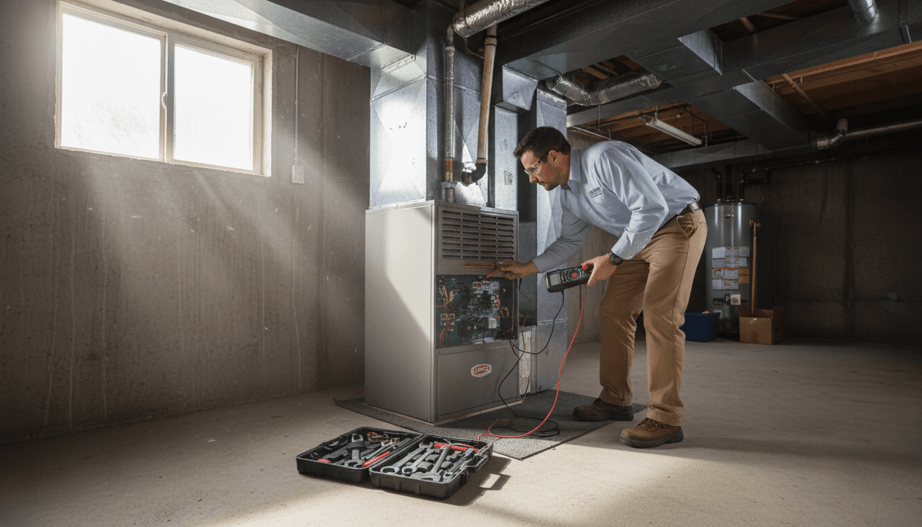 HVAC technician in workwear inspecting a modern furnace in a clean basement utility room