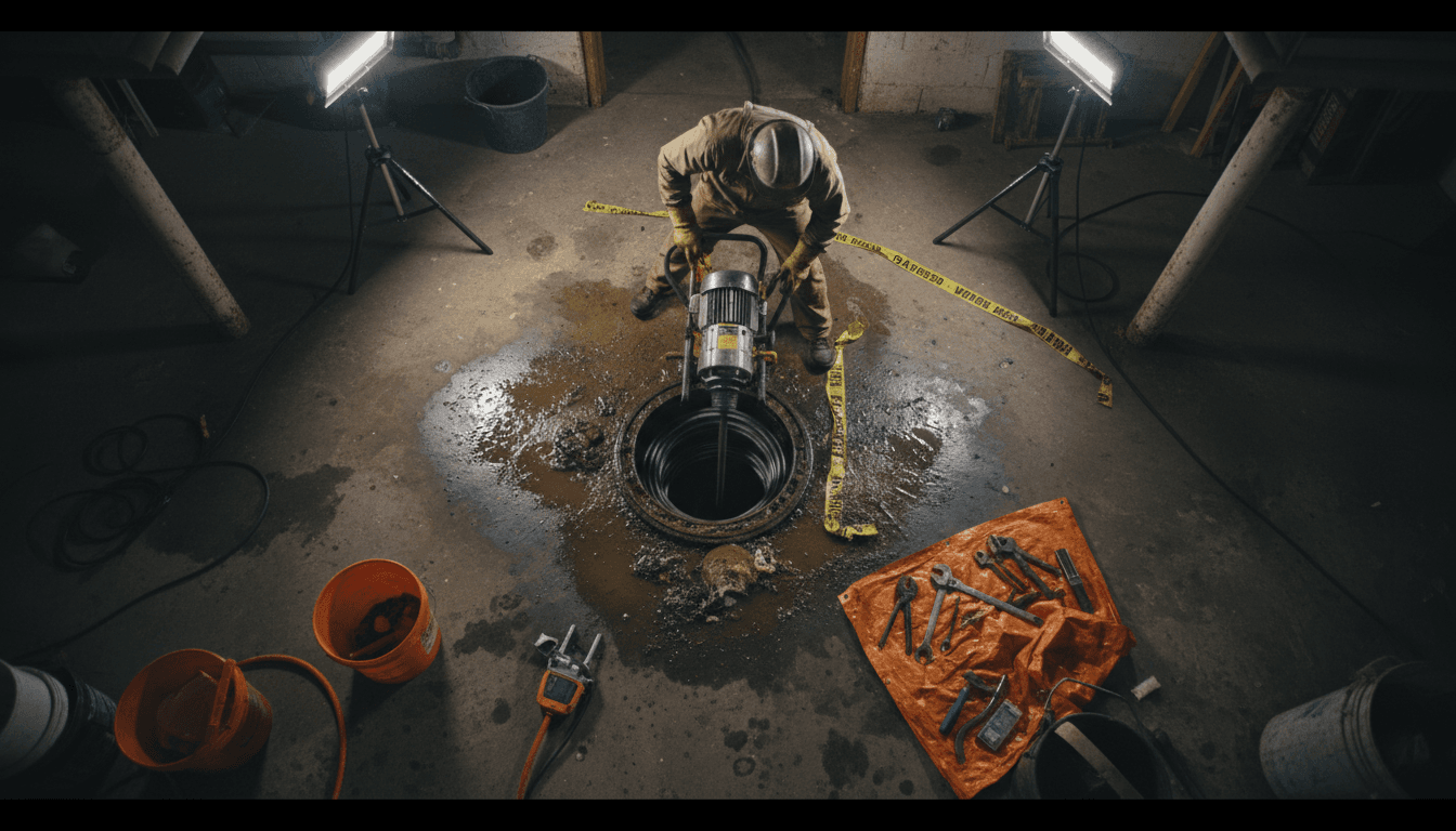 Plumber using a drain snake on a kitchen sink drain pipe