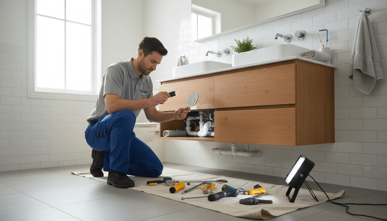 Plumber inspecting pipes with a flashlight in a residential basement