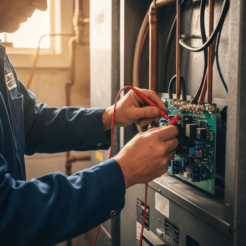 Technician with a multimeter inspecting an open furnace panel