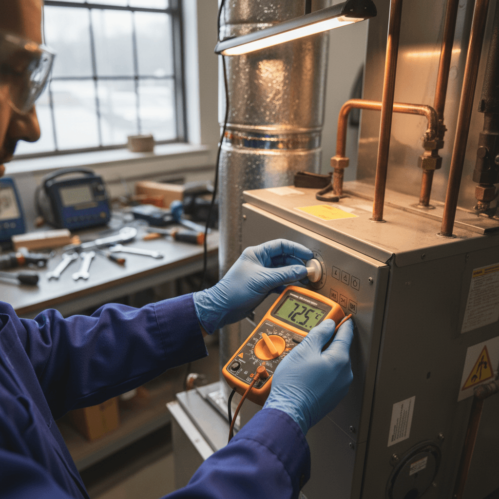 Technician in safety gloves inspecting a gas furnace panel