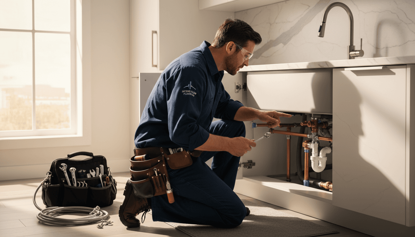 Professional plumber repairing pipes under a sink in a modern home kitchen