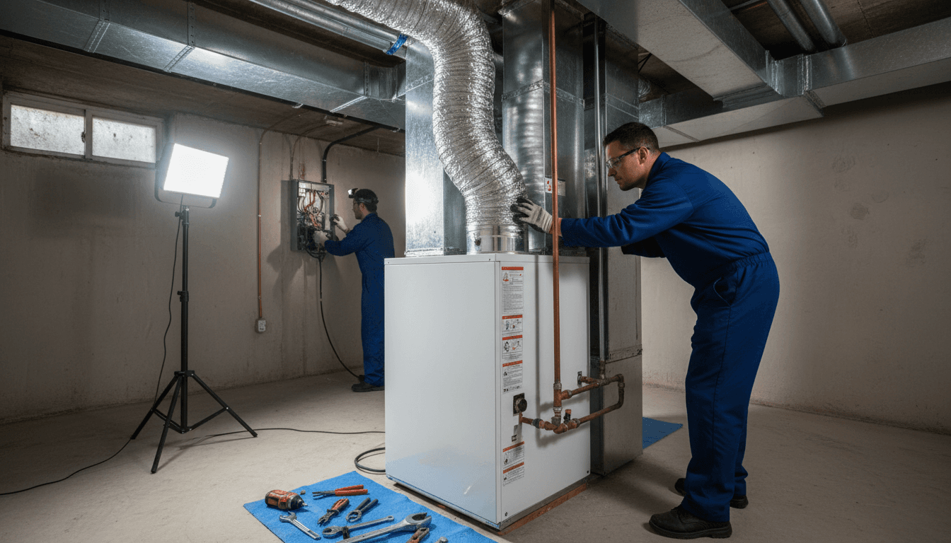 Technician installing a new commercial HVAC unit in a clean mechanical room