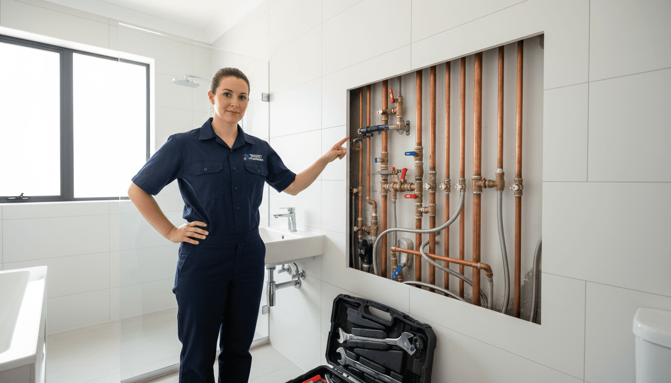 Professional plumber on the phone in a modern home mechanical room