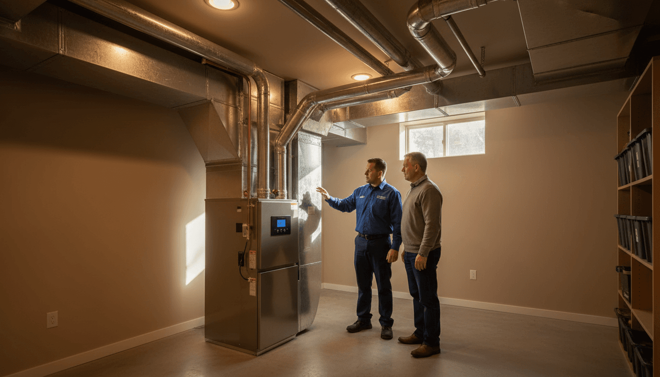 HVAC technician in navy uniform installing a new furnace in a utility room