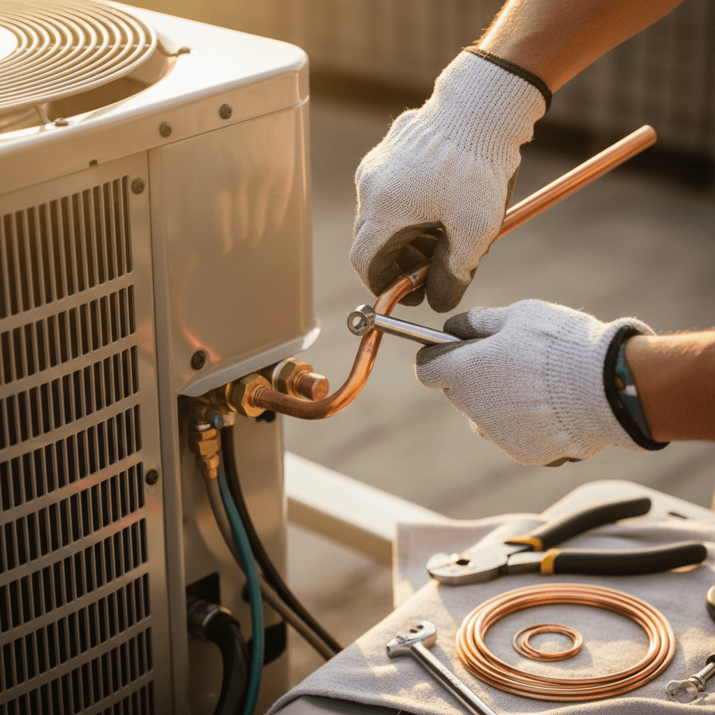 Technician repairing an outdoor condenser unit