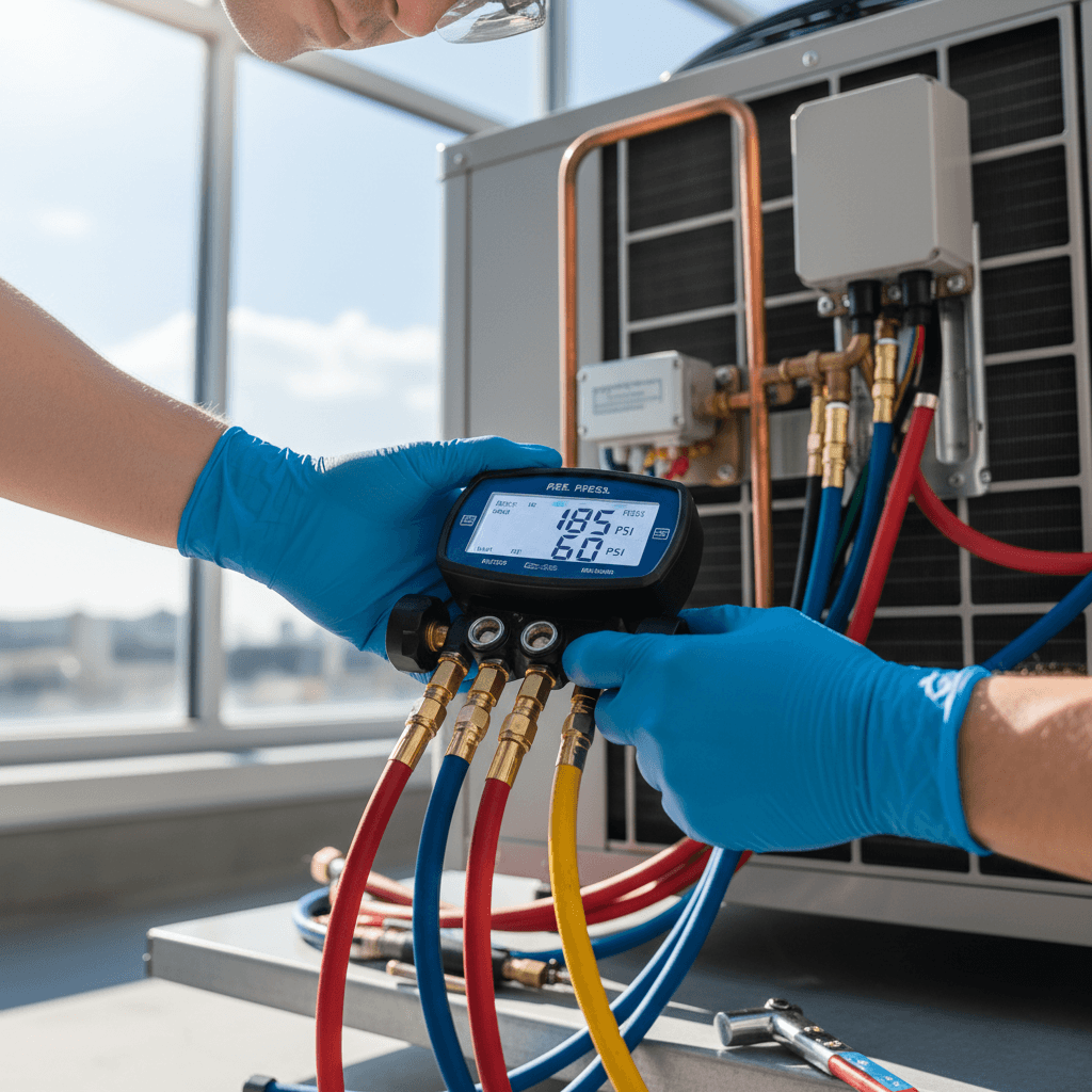 Technician using a pressure gauge on a commercial boiler