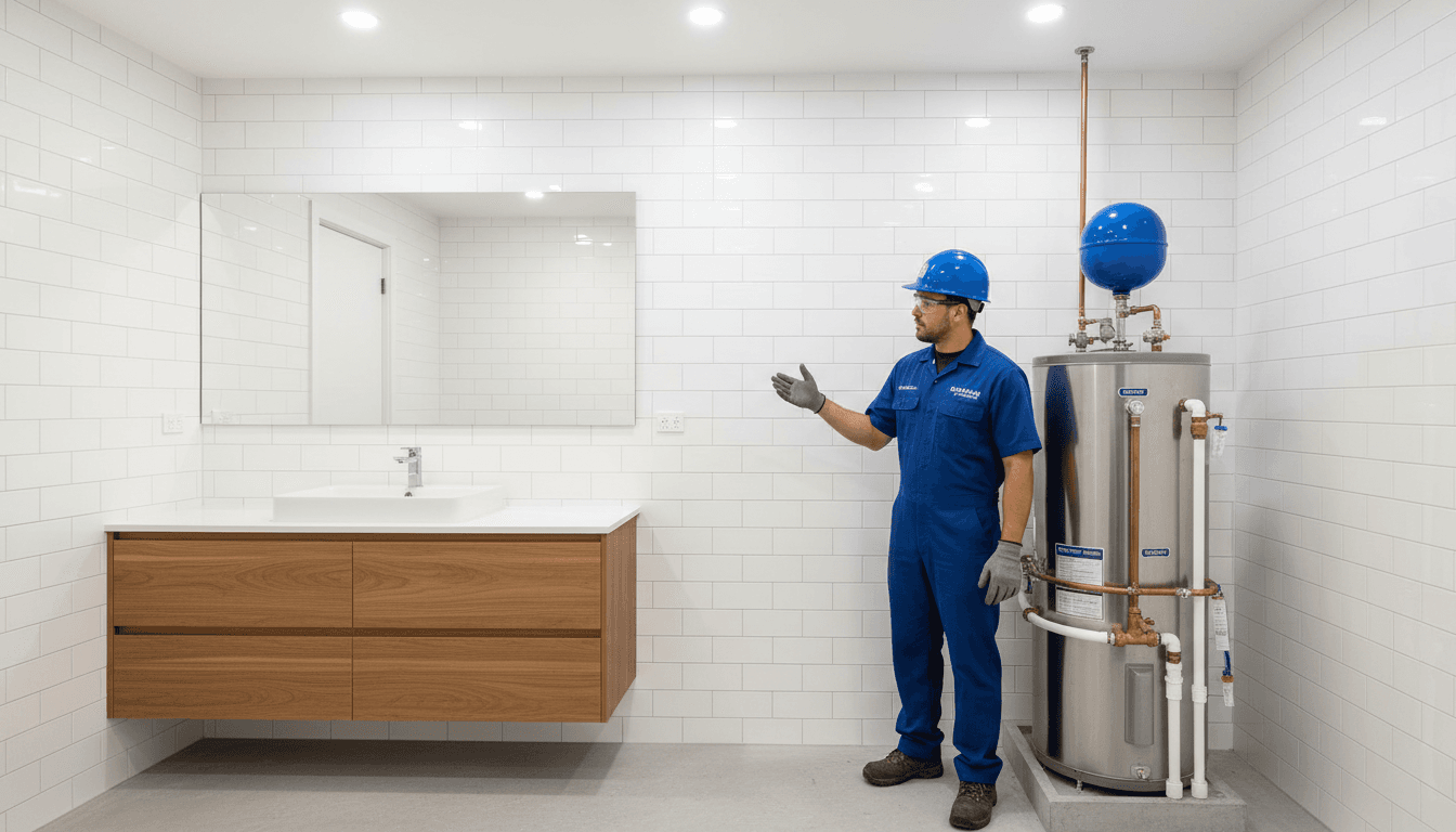 Plumber installing a modern water heater tank in a home utility room