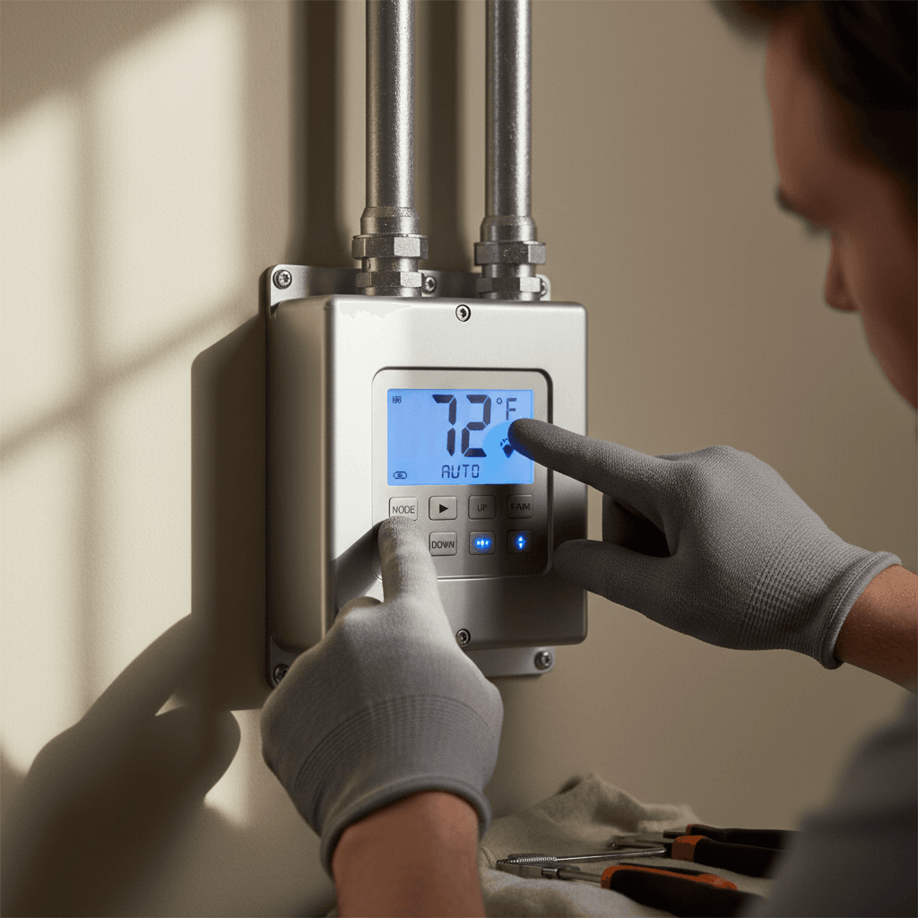 Hand adjusting a smart thermostat in a commercial office
