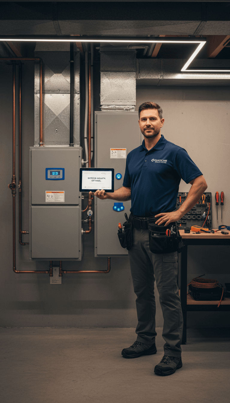 Professional HVAC technician in navy uniform standing confidently in a modern mechanical room