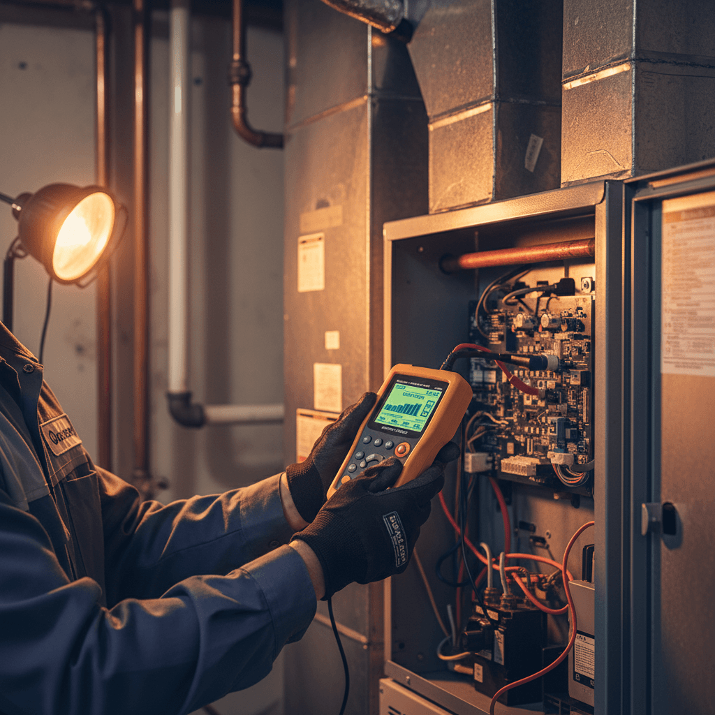 Technician performing a routine furnace tune-up with a wrench