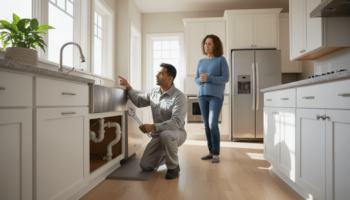 Friendly plumber discussing work with a homeowner at a kitchen sink