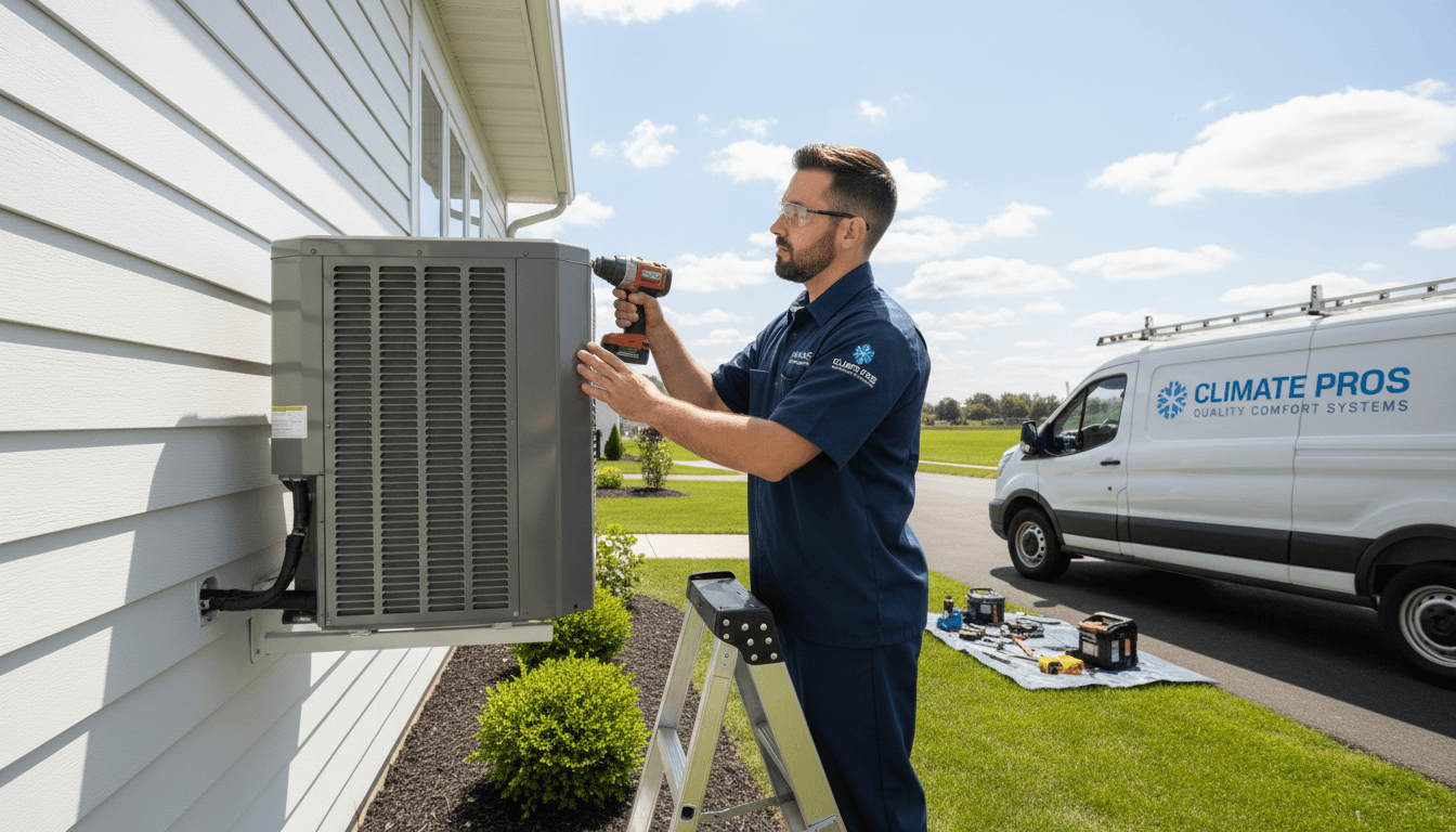 Professional HVAC technician installing a modern air conditioning unit outside a home