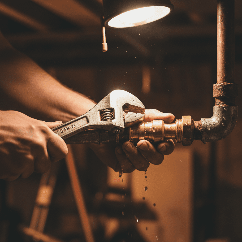 Close-up of plumber's hands tightening a pipe wrench on copper pipes under a sink