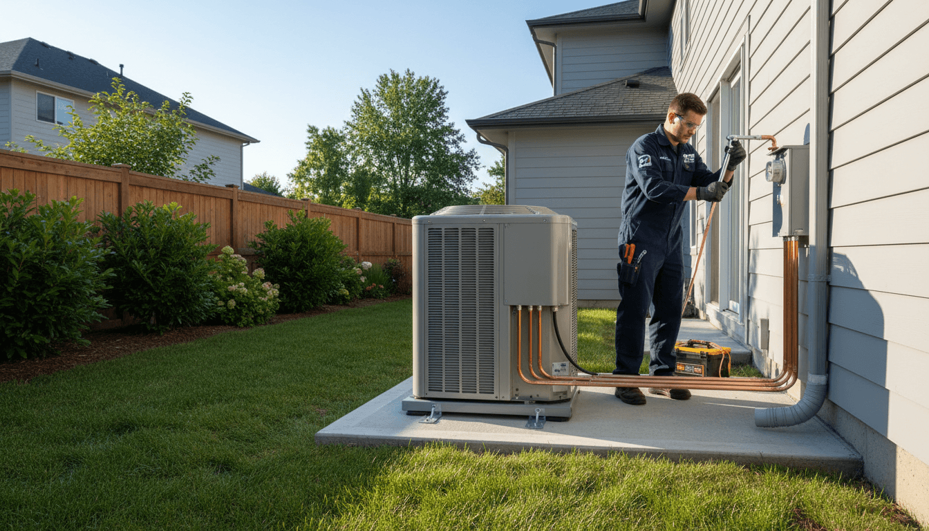 Technician installing a modern AC unit outside a home