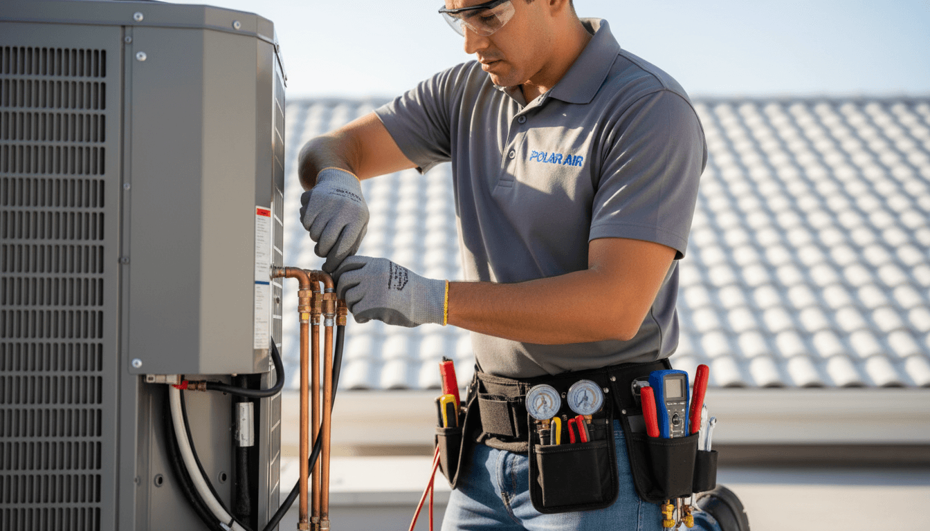 Technician servicing a commercial rooftop air conditioning unit